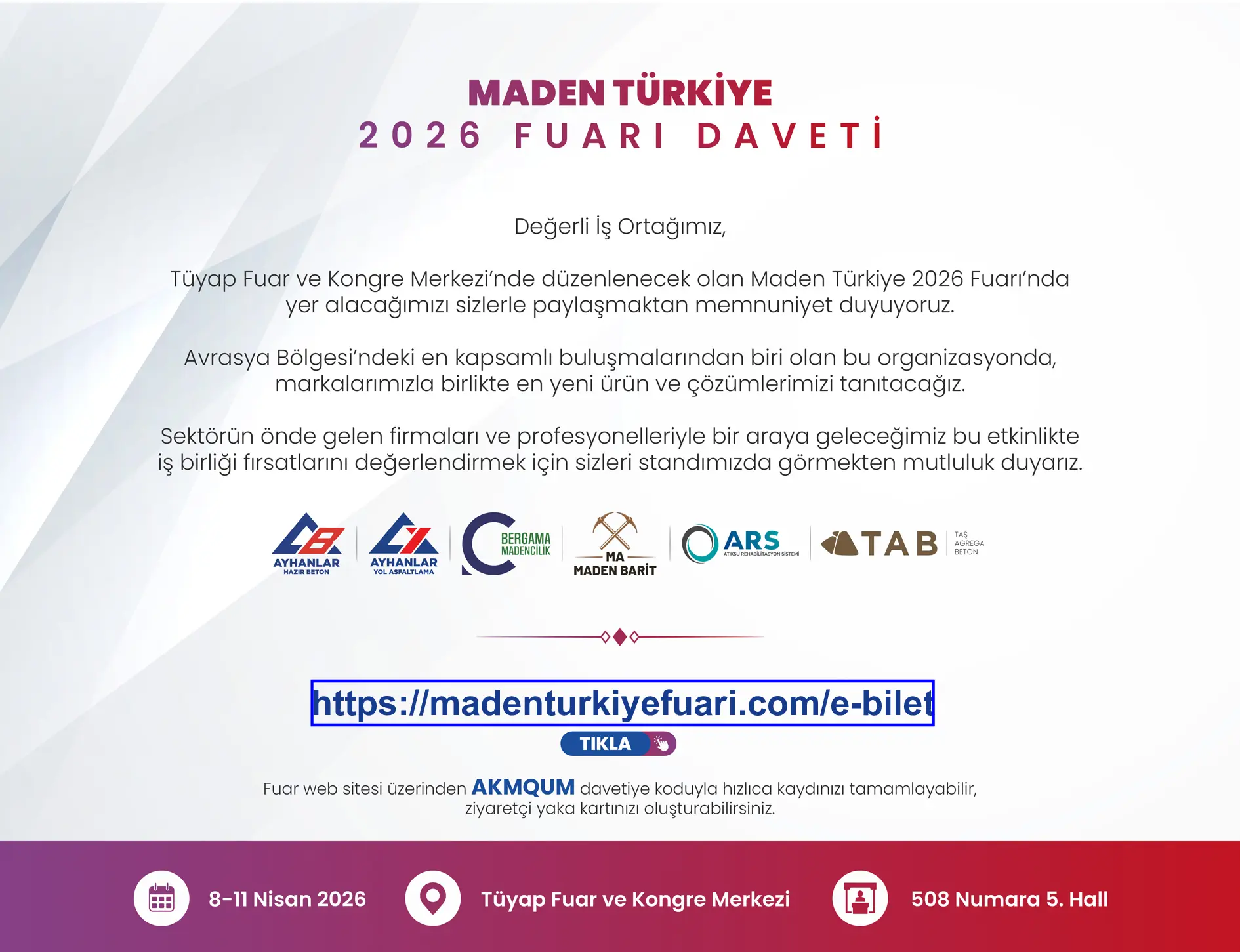 MADEN TÜRKİYE 2026 FUAR DAVETİ